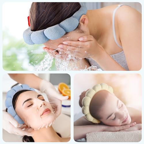 Ztomine Spa Terry Cloth Headband Combo Pack - 2 Puffy Makeup Facial Headbands for Face Washing and Masks (Beige + Blue) - Image 5