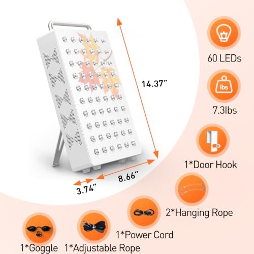Red Light Therapy Panel, 5 Wavelength 60 Dual Chip LEDs 630+660+810+830+850nm Near Infrared Lamp Therapy Device Timer & Stand for Body Pain Relief Face Skin Health Sleep 100W White - Image 6