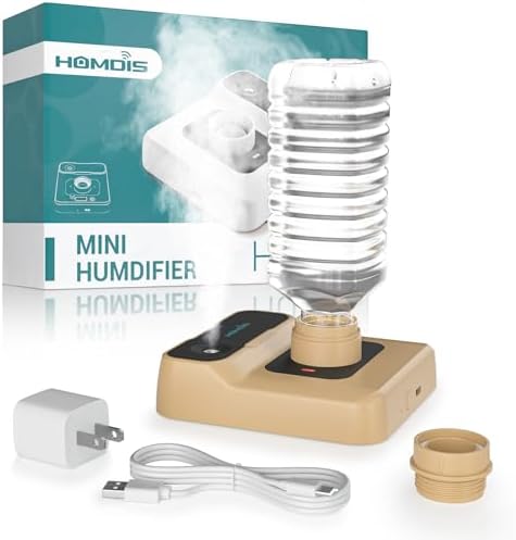 Travel Humidifier, Portable Small Humidifier for Plants, Bedroom, Office, Hotel or Car, Battery Operated Mini Cool Mist Humidifiers, Quiet 23dB, Auto-off, Night Light & BPA-Free, Khaki by HOMDIS
