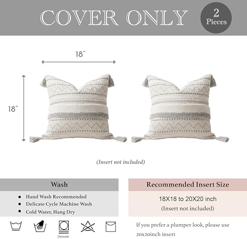 BlissBlush Gray Decorative Throw Pillow Covers 18X18 Combo Set of 2 Square Boho Neutral Grey Accent Pillowcase Tassels Farmhouse Cushion for Couch Sofa Bedroom Living Room Home Décor Cover ONLY - Image 5