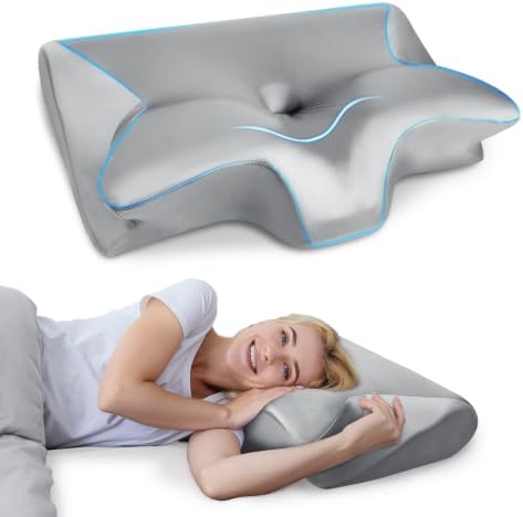 HOMCA Memory Foam Cervical Pillow, 2 in 1 Ergonomic Contour Orthopedic Pillow for Neck Pain, Contoured Support Pillows for Side Back Stomach Sleepers with Satin Pillowcase (Satin Gray) by HOMCA