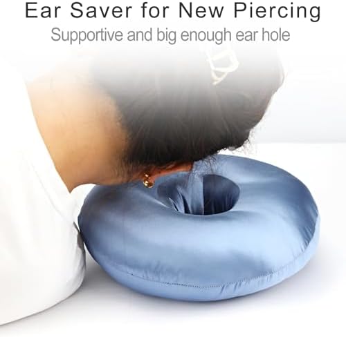 Silky Satin Piercing Pillow Ear Pillows Donut with Hole for Ear Pain CNH Piercing Pain Relief Sleeping Pressure Sore Side Sleepers Smooth Cooling Ear Guard Protector, Haze Blue - Image 2
