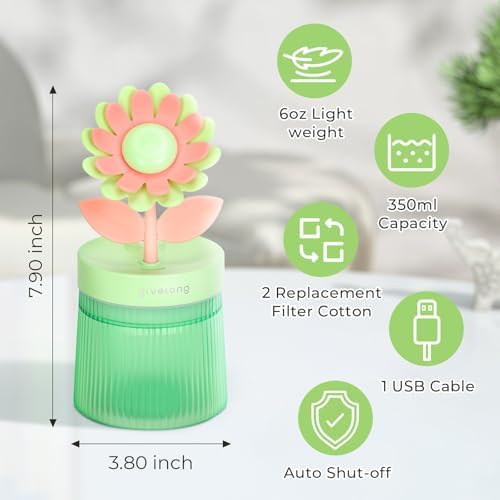 Cute Flower Mini Humidifier, Small Cool Mist Desk Humidifiers, Portable USB Personal Desktop Plant Humidifiers, Cooling for Home Office Car Travel Indoor Outdoor (260ml, Green Sunflower) - Image 6