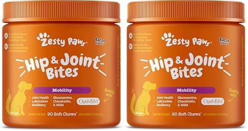 Zesty Paws Hip and Joint for Dogs, Glucosamine for Dogs Hip and Joint Supplement with Chondroitin, MSM, Vitamins C & E - Bacon, 90 Count (Pack of 2) by ZestyPaws