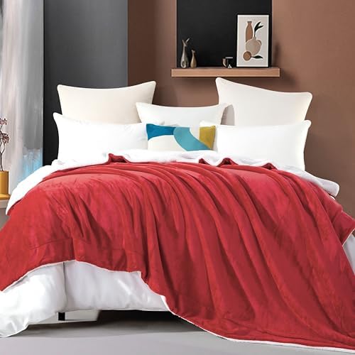 Elegant Comfort Ultra Soft Reversible Flannel Sherpa Blanket - Cozy Silky Fleece Throw for Couch, Bed - Plush Fuzzy Warm Winter Blanket for Gift, Queen, Red - Image 2