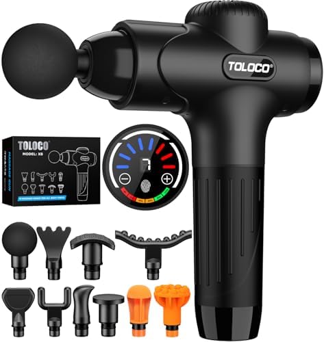 TOLOCO Massage Gun Deep Tissue, Percussion Massage Gun with 10 Replacement Heads, Super Quiet Portable Electric Massager for Athletes, Relax, Fathers Day Dad Gifts, Black by TOLOCO