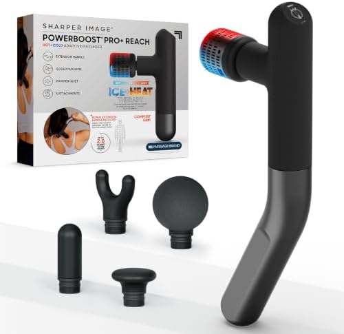 Sharper Image PowerBoost Reach Massage Gun| Guided Massage Program| iOS Android Apple Watch App| Hot + Cold Therapy| Touchscreen| Extension Handle| Deep Tissue Percussion Massager| Gifts for Men Women by SHARPERIMAGE