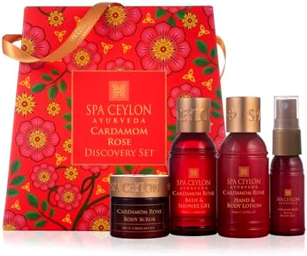 Spa Ceylon Ayurveda Cardamom Rose Discovery Set – 4-Piece Natural Uplifting Spa Gift Set with Himalayan Rose & Organic Ceylon Cardamom - Bath Gel, Body Lotion, Pillow Mist & Scrub by SPACEYLON