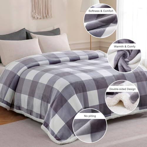 Gracelife Sherpa Blanket Throw Blanket for Couch Bed Sherpa Fleece Blanket Fluffy Checkered Soft Blanket for All Season Use Cozy Thick Warm Big Throws Twin (Grey-Soft White, 60"*80") - Image 7