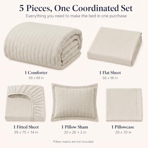 CozyLux Twin Comforter Set, 5 Pieces Beige Seersucker Bed in a Bag - Image 2