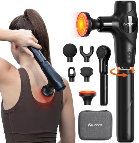 NAPRE 3-in-1 Detachable Massage Gun with Heat,Mini Massage Gun Deep Tissue with Extension Handle,Portable Handheld Percussion Muscle Massager for Back/Neck/Body,Small & Quiet,5 Heads by Napre