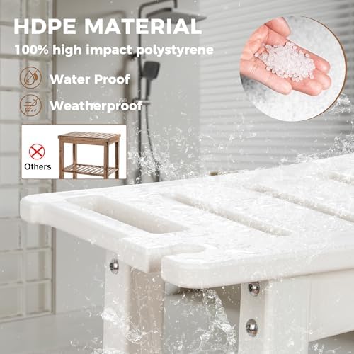 FLyjoe 24 INCH Extra Large Shower Bench for Inside Shower Shaving Legs, Waterproof HDPE Shower Chair Seat with Storage Shelf and Handles Spa Shower Stool for Bath Tub Bathroom Use, White - Image 2