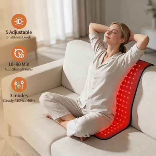 24’’ x 12’’ Red Light Therapy Belt for Body, 660nm & 850nm(Invisible) Infrared Wrap with 3 Modes, 5 Intensity Levels, 10–90 Min Timer, Adjustable LED Light for Muscle Relaxation & Wellness - Image 5