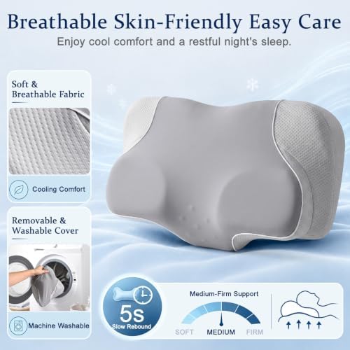 Cervical Neck Pillow for Pain Relief, Ergonomic Memory Foam Pillow for Neck & Shoulder Support，Grey, 60 * 36 * 13cm, Cooling Pillow for Side Back & Stomach Sleepers with Washable Cover - Image 7