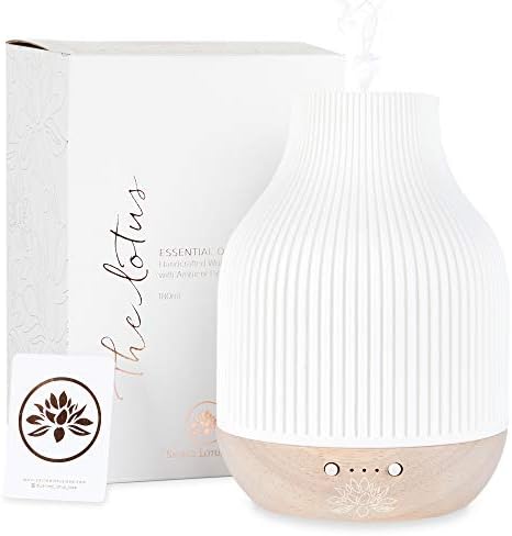 Sacred Lotus Love Ceramic Essential Oil Diffuser – Ultrasonic Aroma Diffuser with Wood Base, Ambient LED Light and Timer Settings by SacredLotusLove