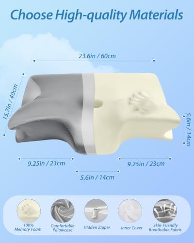 HOMCA Memory Foam Cervical Pillow, 2 in 1 Ergonomic Contour Orthopedic Pillow for Neck Pain, Contoured Support Pillows for Side Back Stomach Sleepers with Satin Pillowcase (Satin Gray) - Image 4