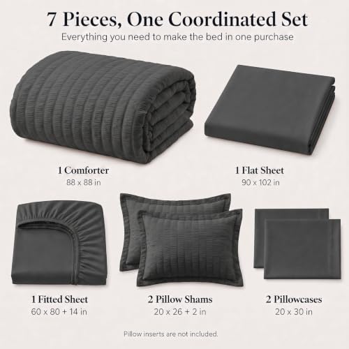CozyLux Queen Comforter Set, 7 Pieces Dark Grey Seersucker Bed in a Bag - Image 2