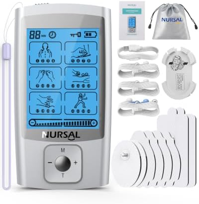 NURSAL 24 Modes TENS Unit Muscle Stimulator for Pain Relief, Rechargeable Electronic Pulse Massager, 8 Pcs Pads, Drug-Free Pain Relief for Shoulder, Back, Muscle, ABS Pads Holder by NURSAL