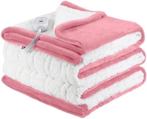 ESTINGO Electric Blanket Heated Blanket Twin Size, 62"x84" Electric Heated Blanket with 10 Hours Auto Off & 5 Heating Levels and Super Cozy Soft Sherpa for Couch & Bed, Machine Washable, Light Pink by ESTINGO-EnjoyToastyWarm