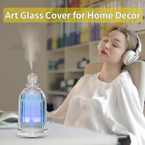 Glass Essential Oil Diffuser, Aroma Diffusers with Glass Cover & Plastic Reservoir Small Humidifiers with 7 Color LED Lights Auto-Off for Home Office Bedroom Yoga 120ml(White Bottom) - Image 5