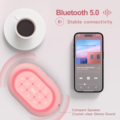 ANJANK White Noise Sound Machine Alarm Clock with Bluetooth Speaker, Hi-Fi Stereo Sound, 21 Soothing Sounds/7 Night Lights, 0-100% Dimmer/Sleep Timer, Soother for Teens Kids Girls, Bedroom, Pink - Image 5