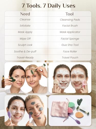 Rena Chris Gua Sha and Face Roller Set: Face Skin Care Tools with Facial Cleansing Brush, 2 Silicone Scrubber Pads & Face Sponge, Travel Bag, Self Care Gift - Image 3
