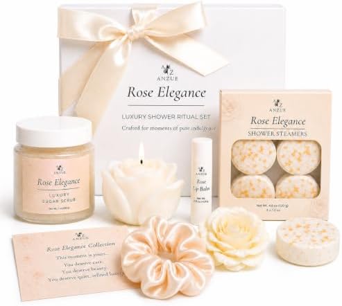 Rose Spa Gift Set for Women – 10pc Self Care Gift Basket with Rose Candle, Body Scrub, Shower Steamers, Lip Balm & Gift Card – Relaxing Birthday Gifts for Mom, Wife, Girlfriend – Elegant Spa Gift Box by Unknown