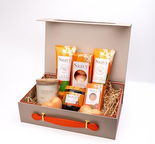 Saavy Naturals 9-Piece Spa Gift Set – Body Wash, Scrub & More – Plant-based Ingredients, Luxurious Spa Gift Basket for Women & Men –Mothers Day Gifts – (Sweet Orange GIft Set) by SaavyNaturals