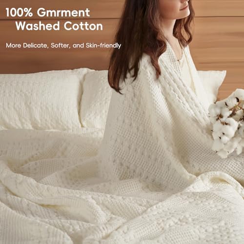PHF Lightweight 100% Cotton Waffle Blanket, Oversized King, Ivory - Image 2