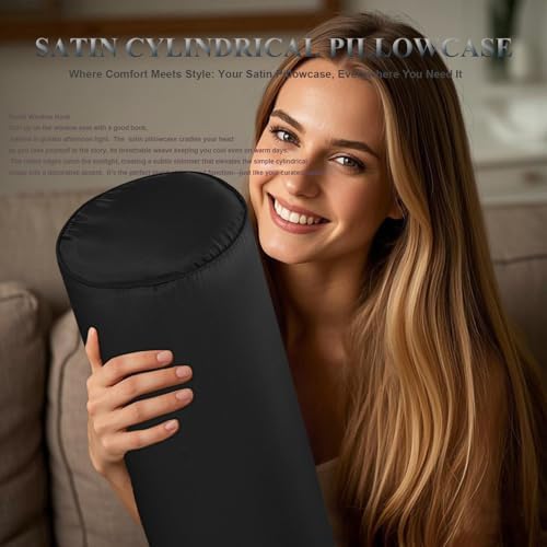 Satin Cylinder Pillowcase | Silk-Like Roll Bolster Pillow Cover with Hidden Zipper | Neck Roll Covers for Hair & Skin Friendly（ Black16 x 6" ） - Image 2