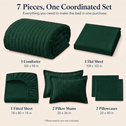 CozyLux Oversized King Comforter Set 120x98, 7Pcs Emerald Green Seersucker - Image 2