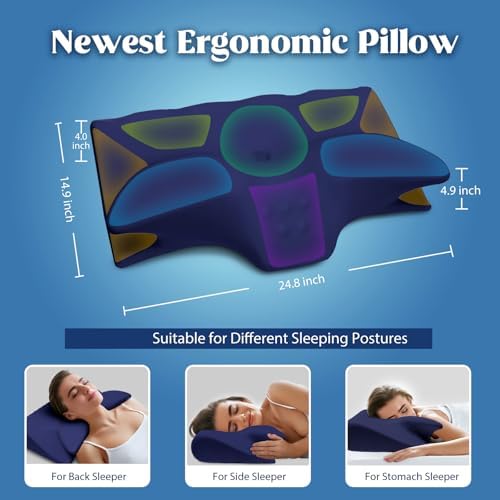 Cooling Contour Memory Foam Pillows Support Odorless Ergonomic Neck Pillow Adjustable Orthopedic Bed Pillow for Side Back Stomach Sleeper Cervical Pillow for Neck Pain Relief,with Pillowcase,Navy - Image 5