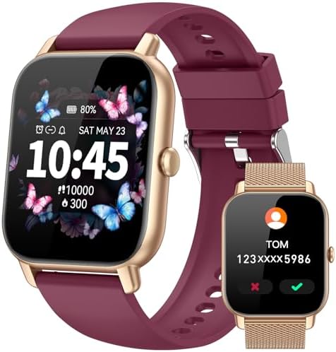 Smart Watches for Men Women, Fitness Tracker with Activity Counter/ Sleep Monitor, IP68 Waterproof Smart Watch for Android iPhone iOS Compatible (Warm Sand Case w/ Burgundy & Vintage Gold Band, 1.83) by Unknown