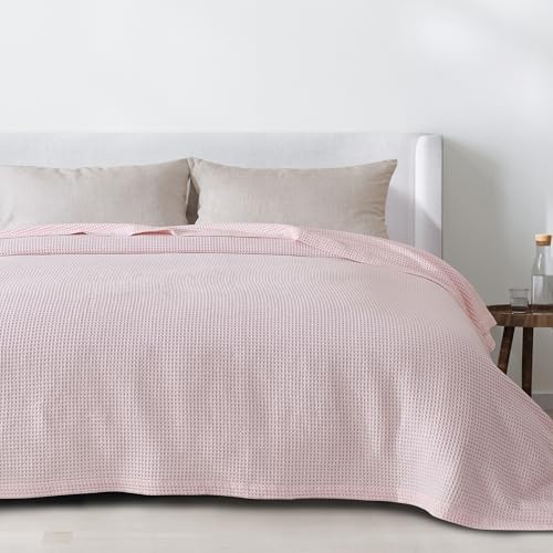 100% Cotton Pink Blanket Full/Queen Size for Bed - Breathable and Soft, Waffle Weave for Summer Spring, 90x90 Inches (Blush) - Image 6