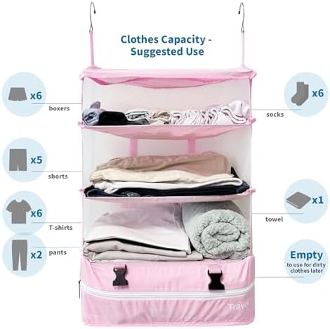 Grand Fusion Stow-N-Go Hanging Travel Shelves, Packing Organizer for Luggage. Carry on Closet for Suitcase. Expandable Packing Cube. Travel Essentials. (Pink - XL, XL = (L) 17.7" x (W) 11.8") - Image 2