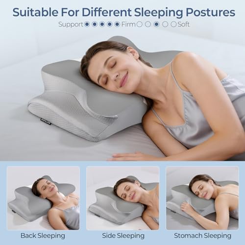 Cervical Pillow for Neck Pain Relief, Ergonomic Neck Pillow for Sleeping, Contour Side Sleeper Pillow for Neck Support, Orthopedic Cooling Memory Foam Pillows for Back Stomach Sleepers (Grey& White) - Image 6
