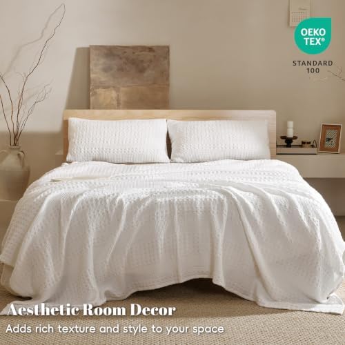 PHF Lightweight 100% Cotton Waffle Blanket for Bed, Queen, White - Image 5