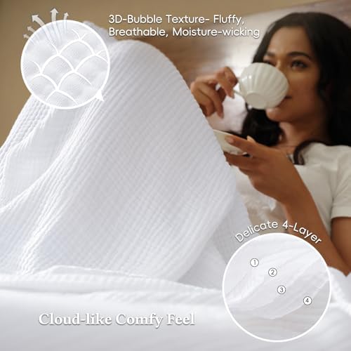 David's Home 100% Cotton Muslin Blanket Twin Size for College Dorm, 4-Layer Soft Breathable Lightweight Comfy Cozy Throw Guaze for Hot Sleepers, 3D Bubble Room Decor for Bed, Giftable, White, 66"x90" - Image 3