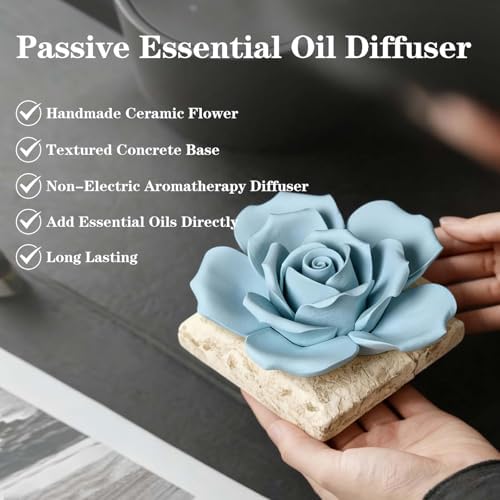 Ceramic Passive Essential Oil Diffuser, Aesthetic Desktop Handmade Flower & Concrete Base, Porcelain Aromatherapy Oils Diffuser for Home, Office, Yoga, Spa Room (Blue Rose) - Image 3