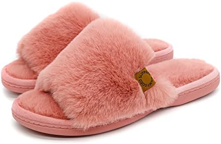 Onmygogo Indoor Slippers for Women Open Toe with Memory Foam, Soft Faux Fur Nonslip House Slippers by Onmygogo