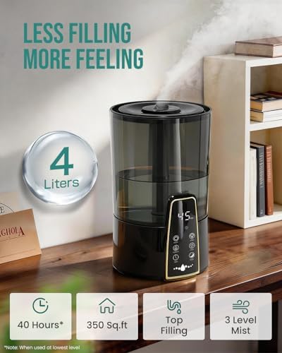YOKEKON Humidifiers for Bedroom,1.06Gal(4L) Dishwasher Safe Design,Easy to Clean,Stay Clean Material,Top Fill,Night Light,Aroma Diffuser,Humidity,Timer,Sleep Mode,3 Level Mist,360° Nozzle,Home,Black - Image 3