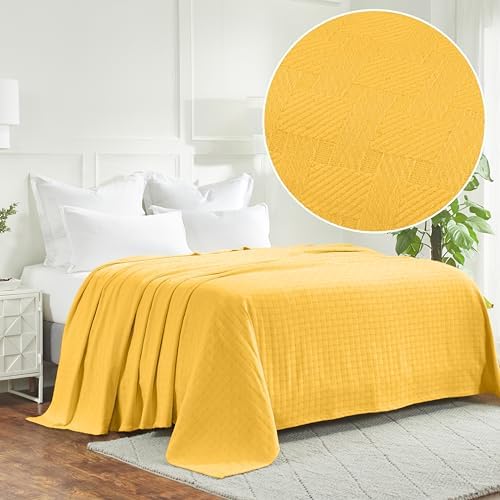 Superior Basketweave Cotton Blanket, Basket Weave Design, Soft, Comfy Cover for Bed, Bedding, Bedroom, Couch Throw, Lounging, Modern Boho Medium Weighted Blankets, Full/Queen, Gold - Image 2