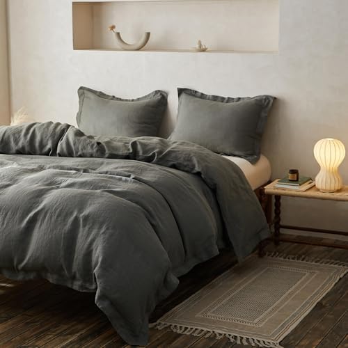 Simple&Opulence 100% Linen Duvet Cover Set with Crossed Embroidery Washed - 3 Pieces (1 Duvet Cover with 2 Pillow Shams) Soft Breathable Farmhouse - Cushing Green, Queen Size - Image 6