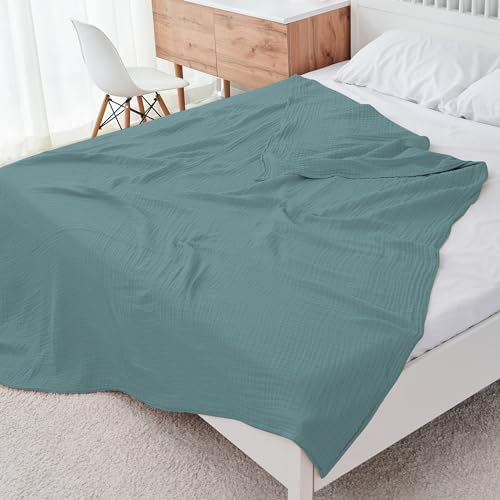 Cosy Family 100% Cotton Muslin Bed Blanket - Breathable and Lightweight Gauze Boho Blanket for Spring, Green, 80x90 Inches - Image 6