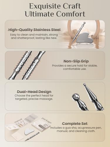 Rena Chris Acupuncture Pen and Gua Sha, Manual Reflexology Tools for Muscle Tension and Pain Relief, Acupressure Pen and Stainless Steel Gua Sha Set with Reflexology Chart, Easy to Use - Image 3