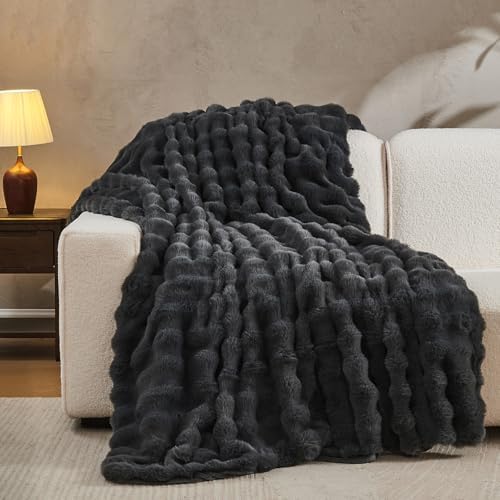 Lotus Karen Faux Fur Throw Blanket Dark Gray - Big Bubble Rabbit Fluff Blanket for Couch, Small Fluffy Fuzzy Cozy Blanket, Thick Furry Plush Shaggy Blankets, 50x60 Inches - Image 4