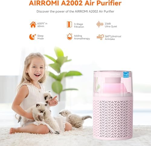 AIRROMI Pet Air Purifier for Home & Bedroom, HEPA Activated Carbon Filter, Removes Pet Dander & Odor, Allergies, Smoke, Hair, Night Light, Fragrance Sponge, Up to 658 ft², A2002 Pink - Image 3