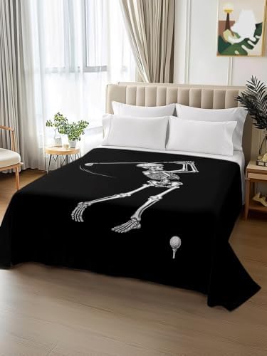 Halloween California King Flat Sheet Skeleton Golfer Flat Sheets Only Soft Bedding Top Sheets Hotel Quality Golf Ball Funny Skull Bones Cal King Bed Sheet for All Season Bedroom Dorm Halloween Decor - Image 2