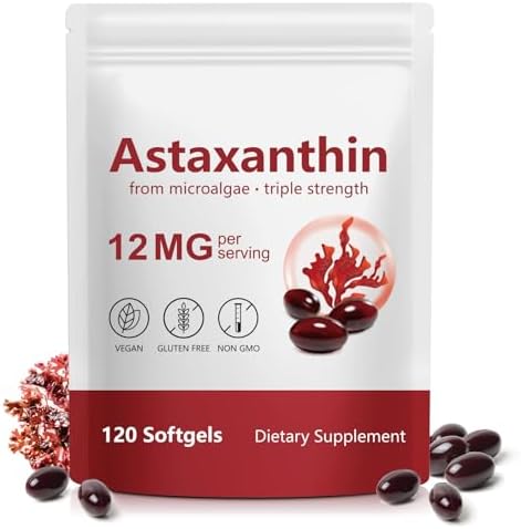 Astaxanthin Supplements 12mg - 120 Softgels | Premium Natural Antioxidant from Microalgae | Eye, Skin, Brain, Joint, Heart & Immune Health Support | Non-GMO, Gluten-Free by Unknown