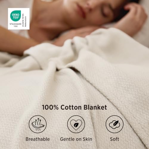 Bedsure 100% Cotton Blanket, Herringbone Weave, Queen Size, Linen Beige - Image 3